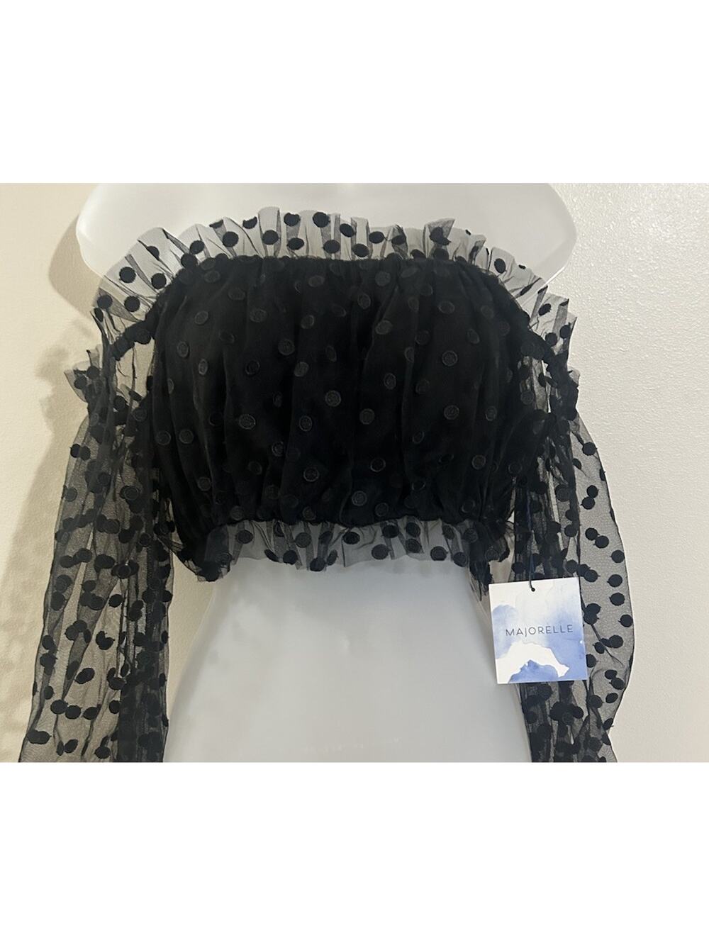 Majorelle Women’s XS Black Polka Dot Mesh Off Shoulder Crop Top NWT Revolve
